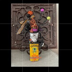 Halloween Decoration Handmade: Antique Sadan Spice Can & vintage trinkets